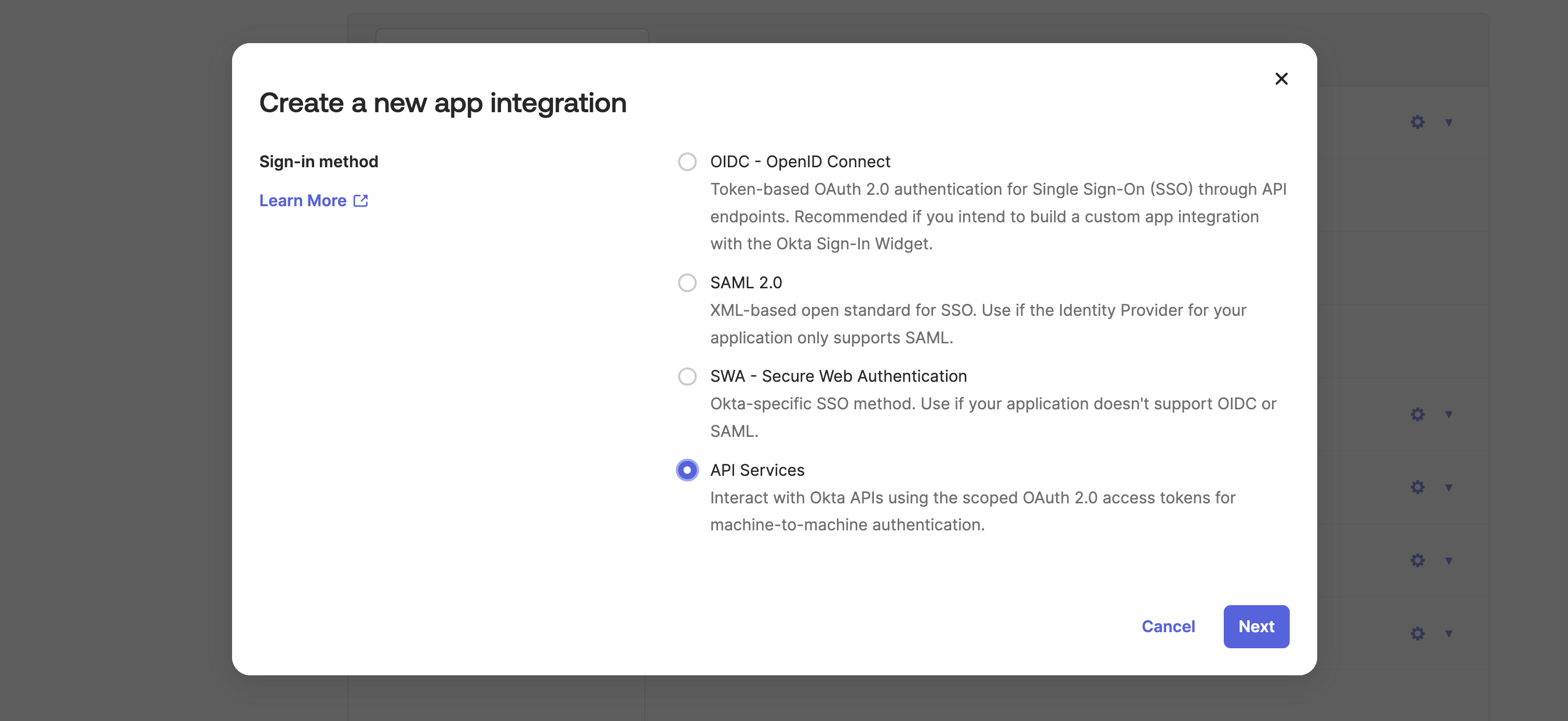 Create Okta API app
